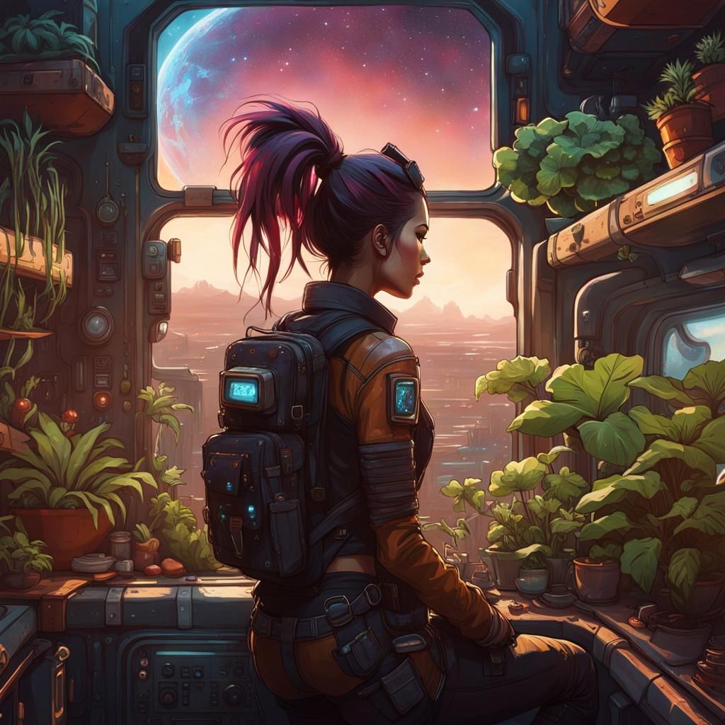 Punk Woman Gardening on Spaceship, Digital Art