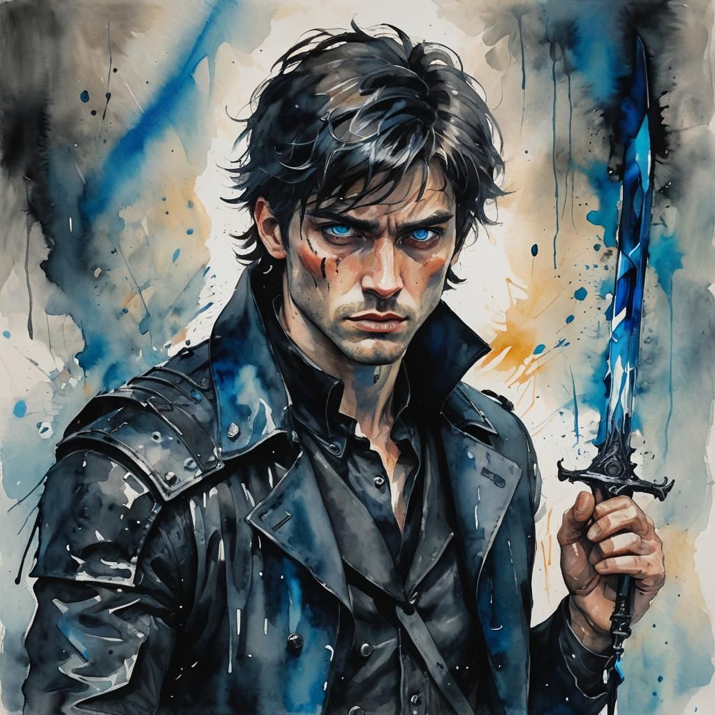 Agonized Warrior with Glowing Dagger in Watercolor Style