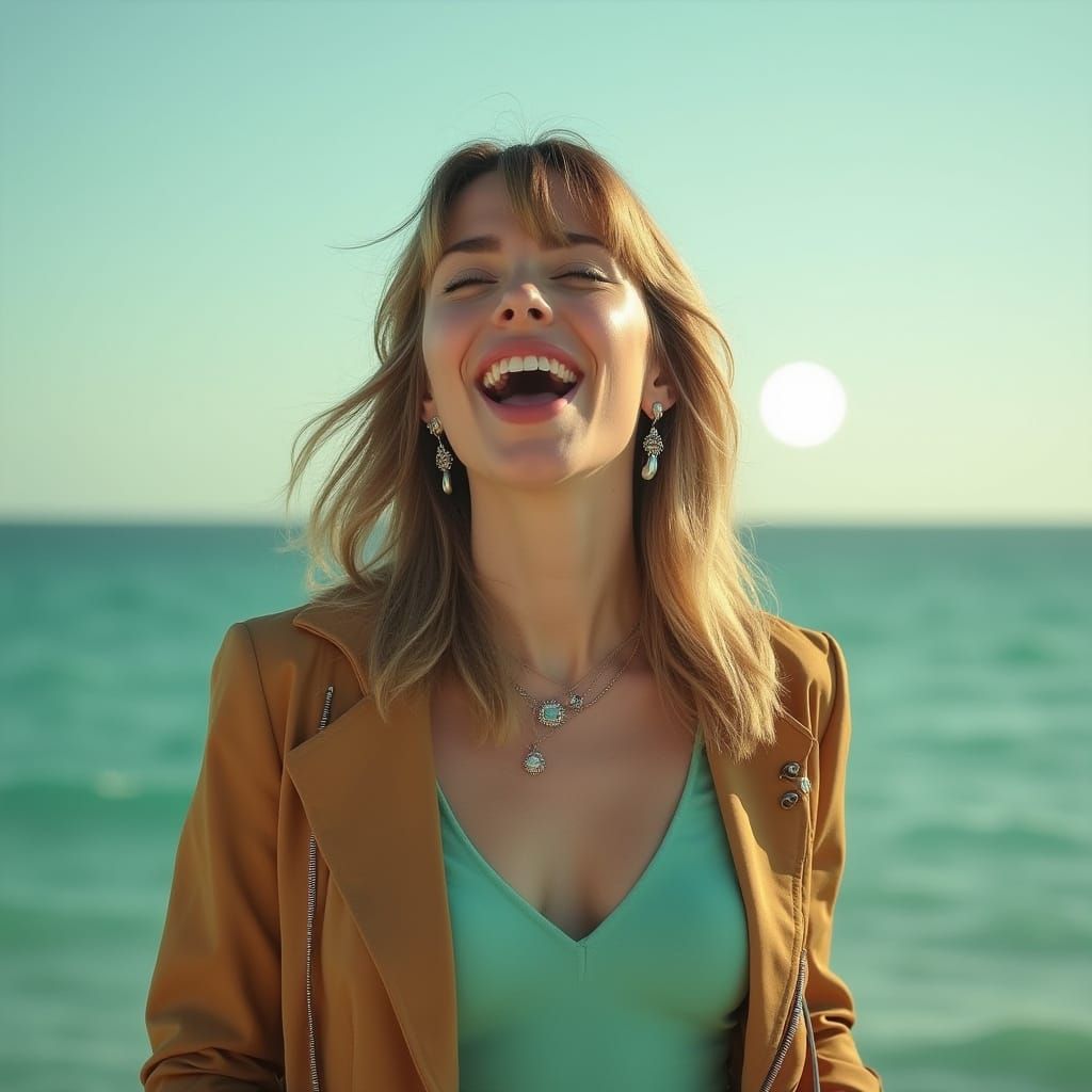 Woman in Y2K Style Sings Passionately Under a Dreamy Sea Gre...