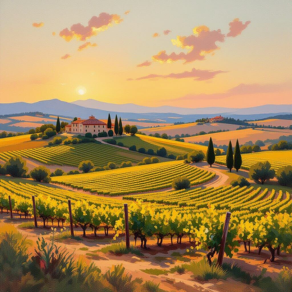 Tuscan Landscape at Golden Hour in Impressionist Style