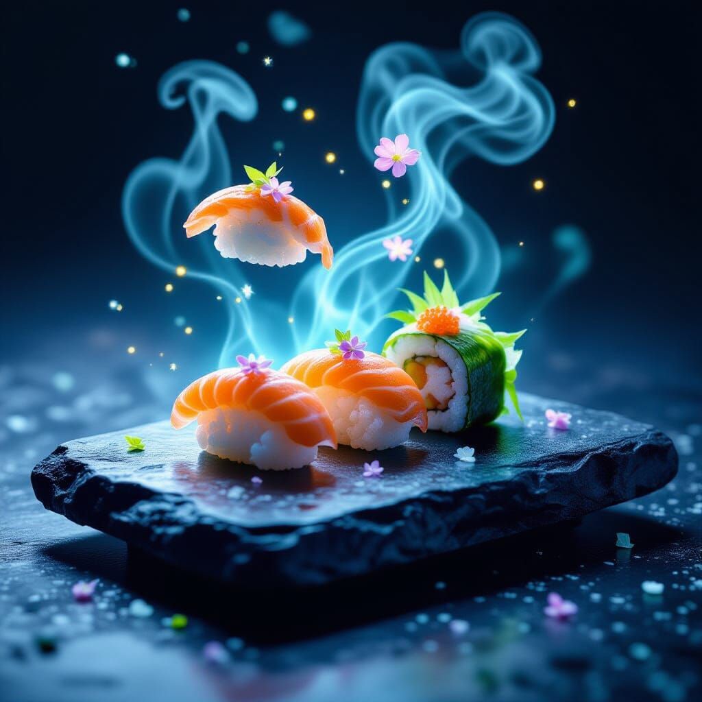 Levitating Sushi Macro Shot with Ethereal Glow