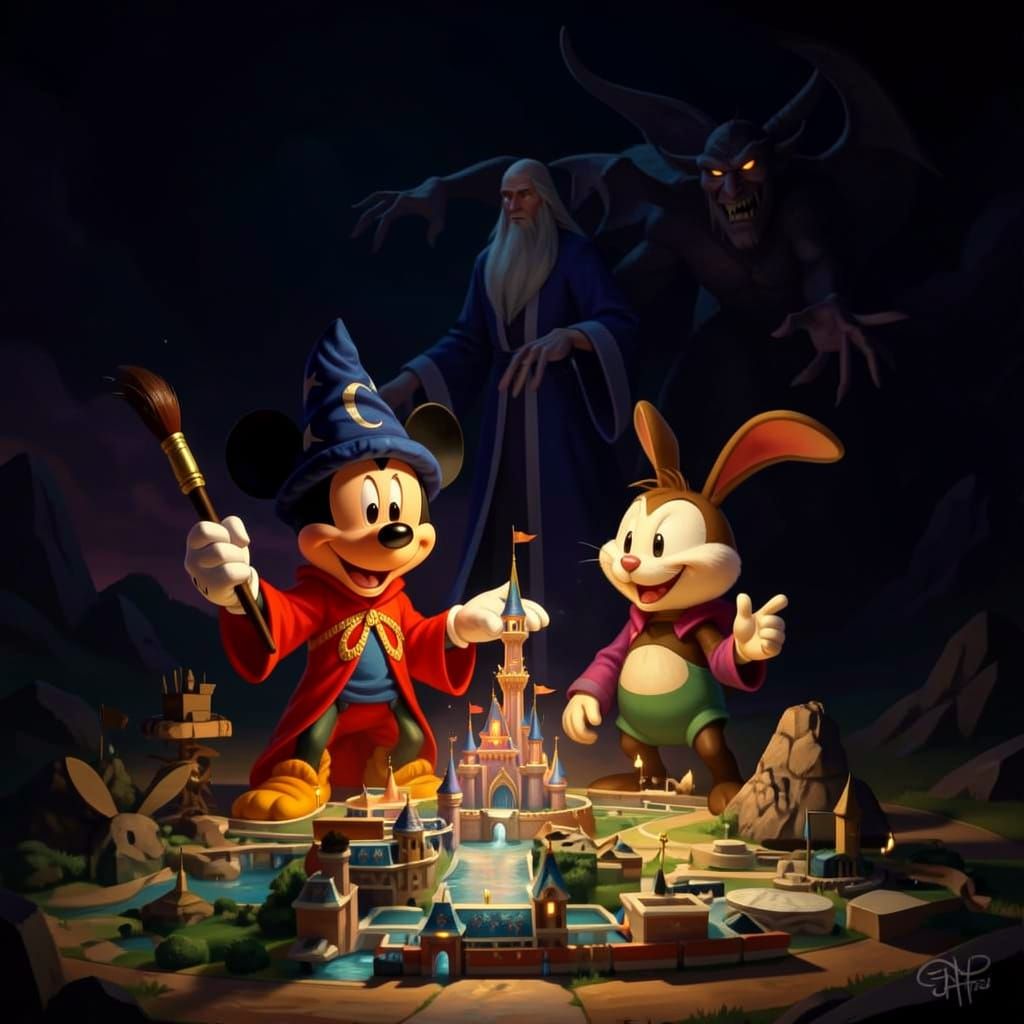 Mickey Mouse & Oswald Over Magic Kingdom in Painterly Style