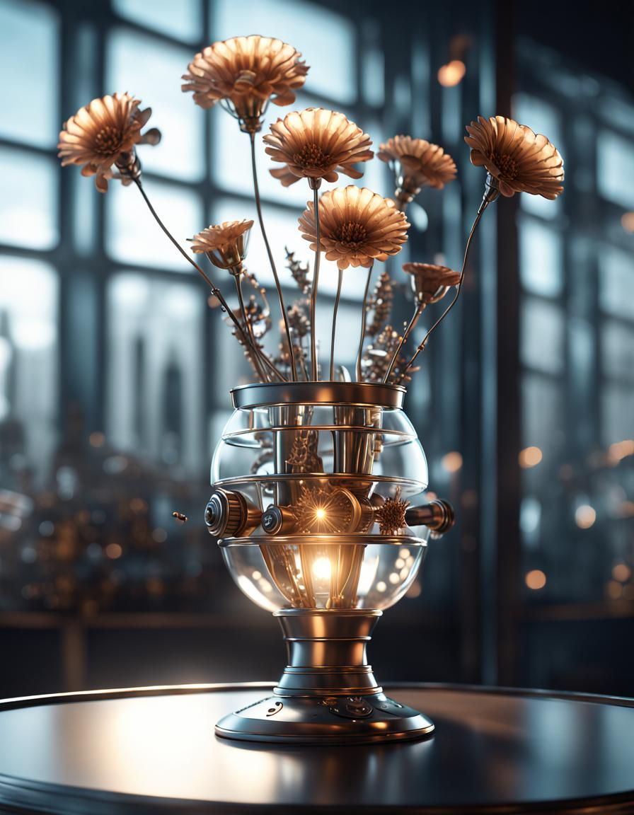 Luminous Steampunk Flower Vase on Glass Table