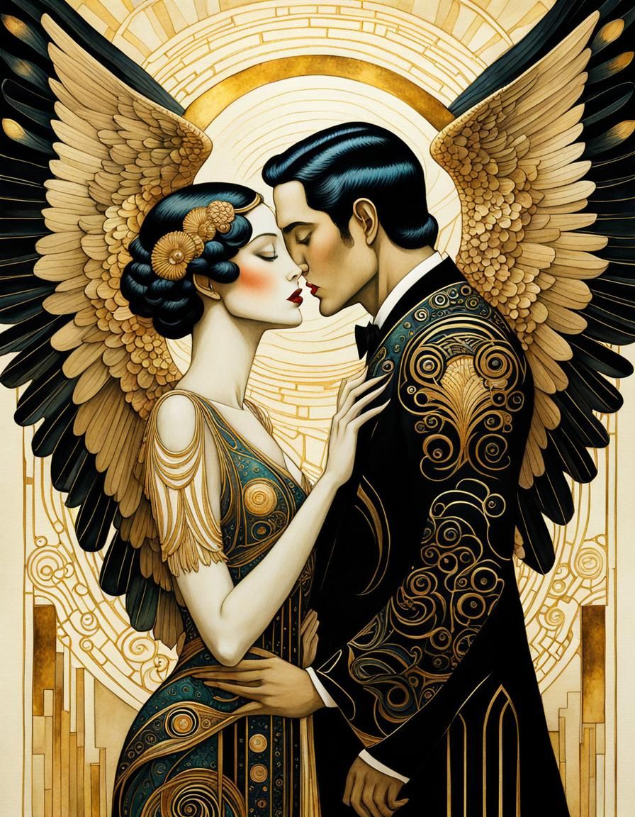 Art Deco Angels in Klimt-Inspired Watercolor