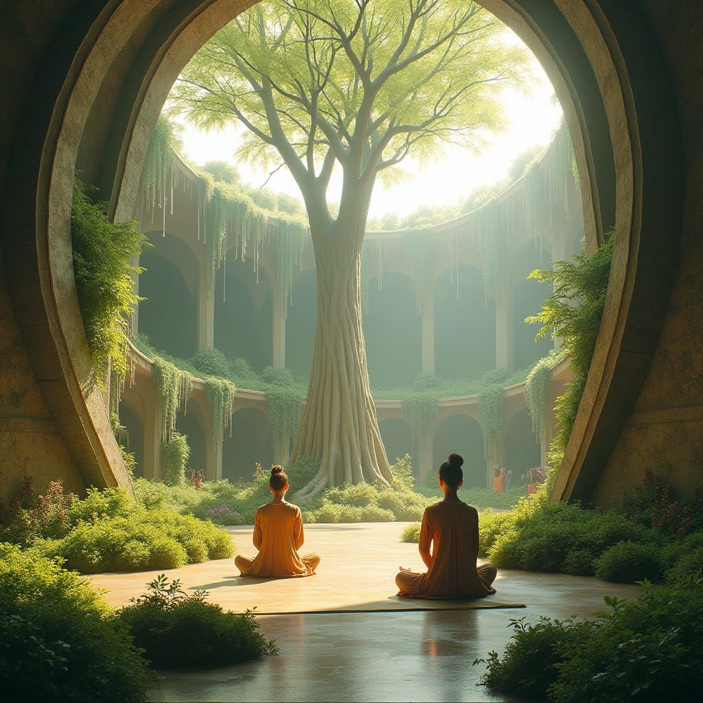 Healing Village with Lush Temple in Impressionist Style