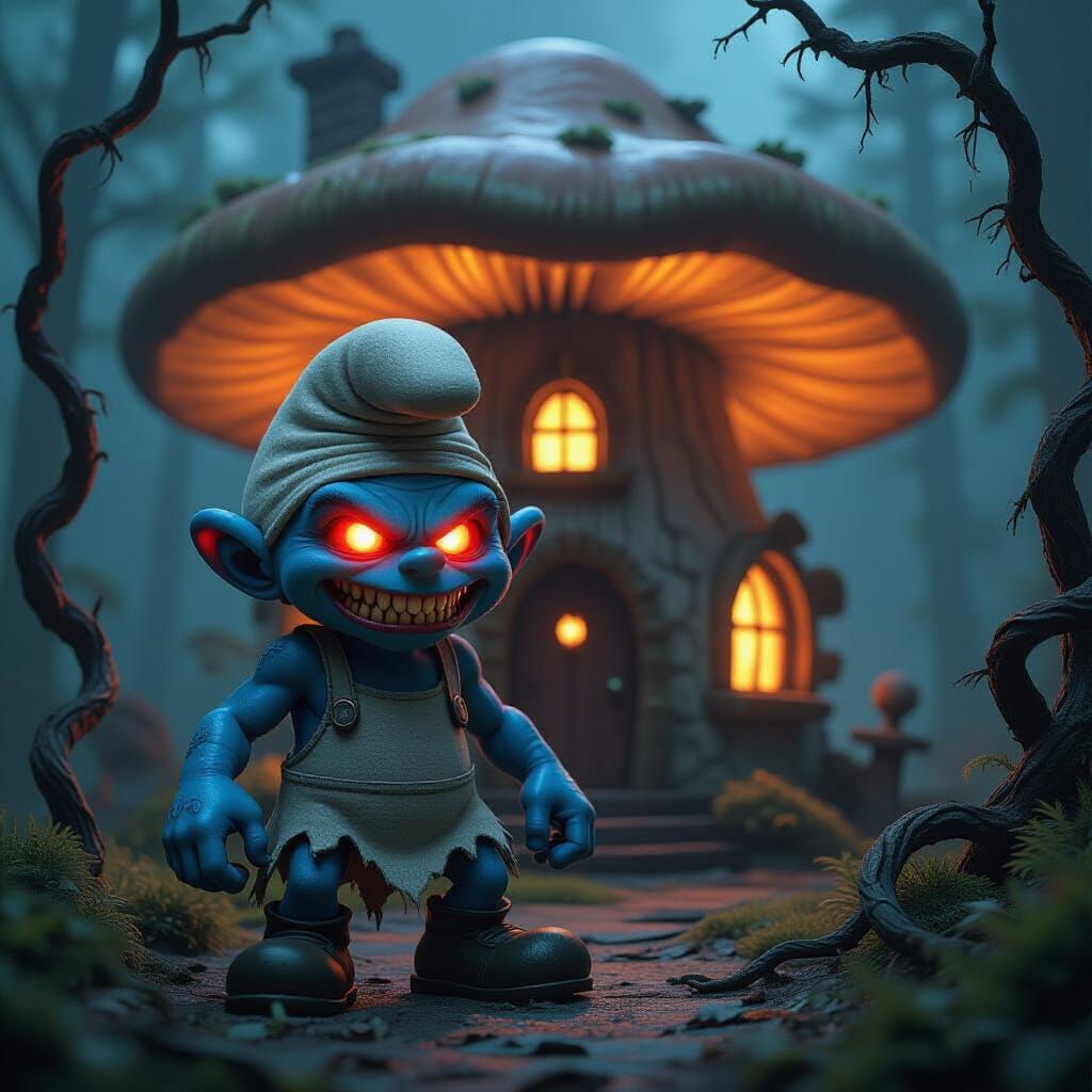 Mutated Smurf with Glowing Eyes in Dark Fantasy Style