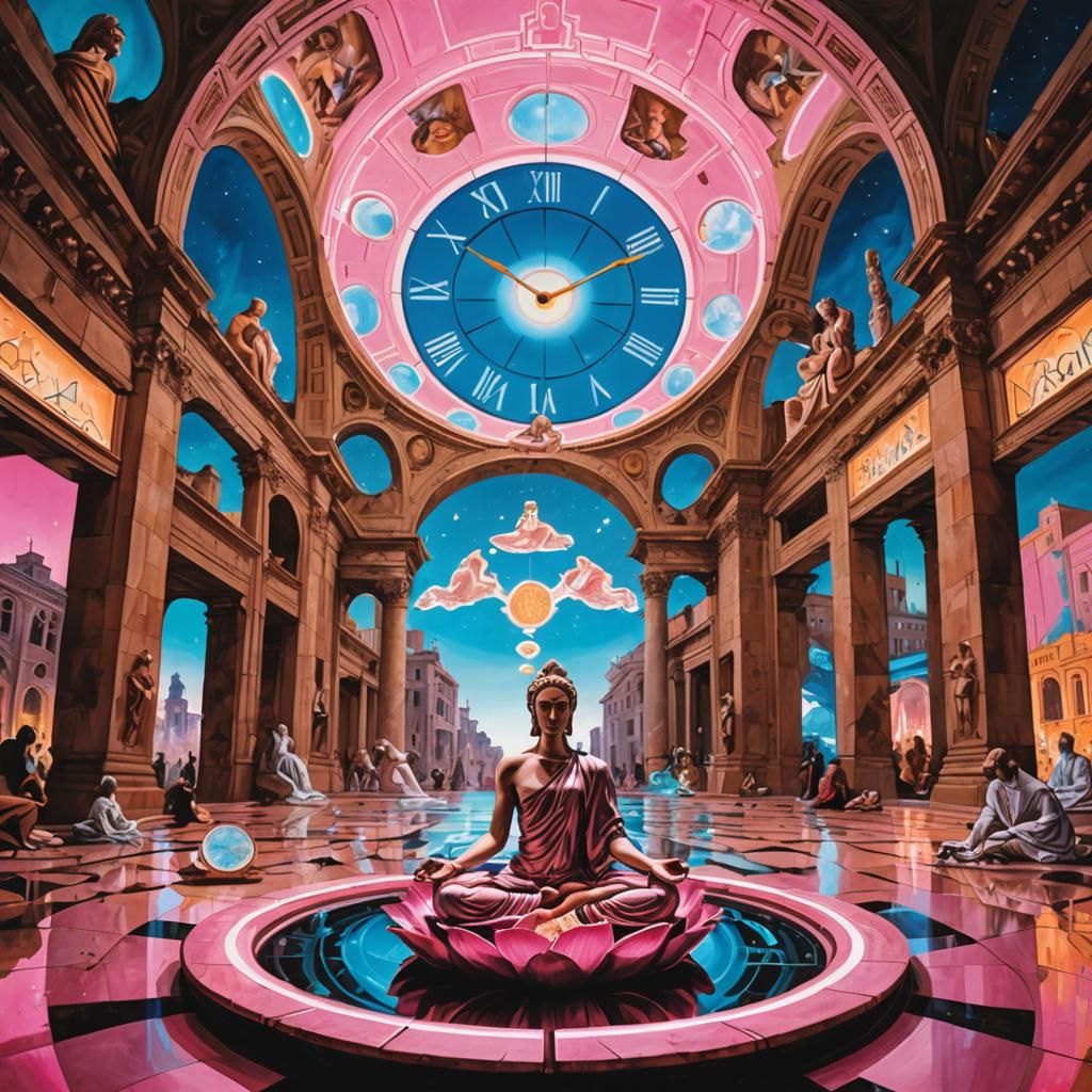 Surrealist Cityscape with Melting Clocks and Neon Lights