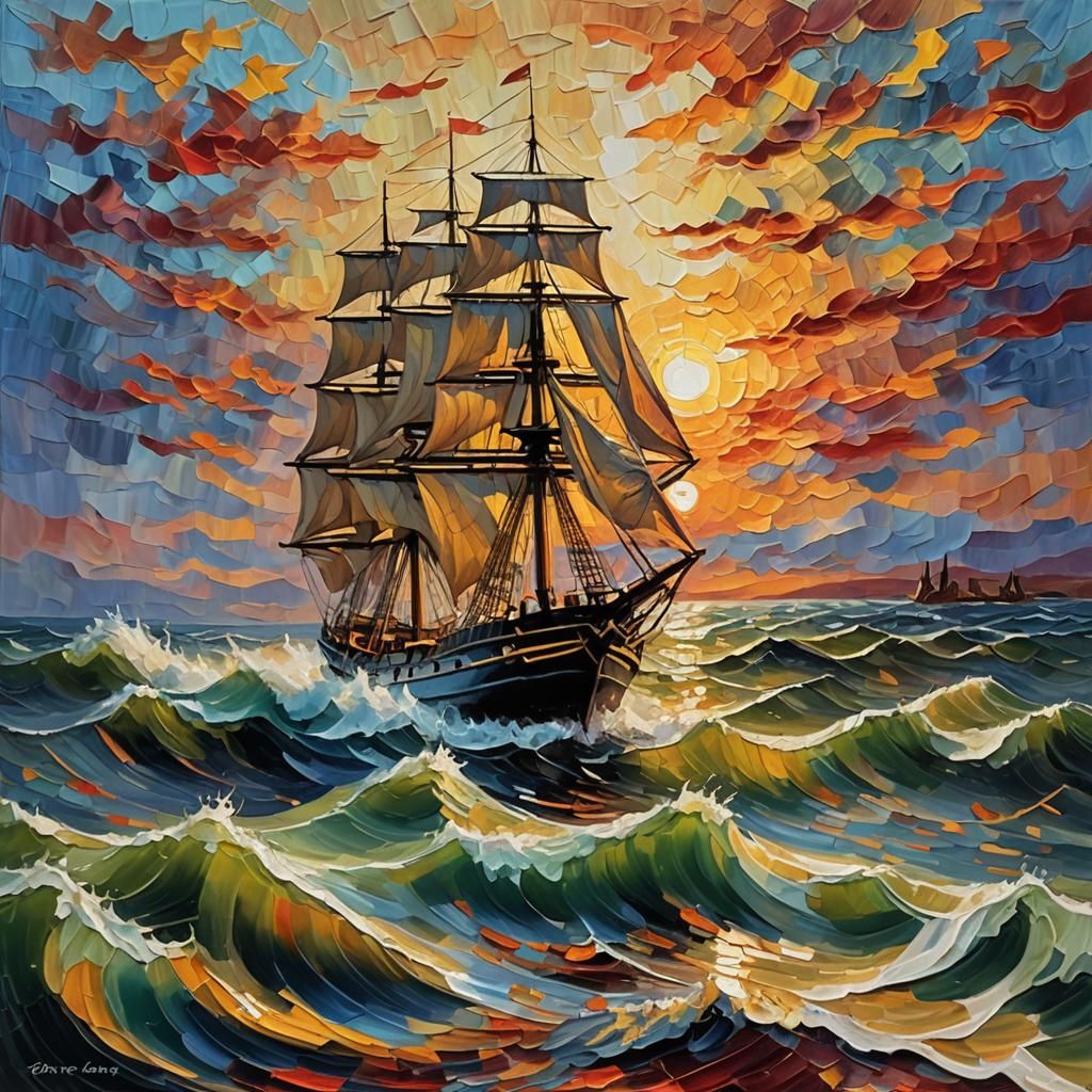 Sail Ship at Sunset in Neo-Impressionist Style