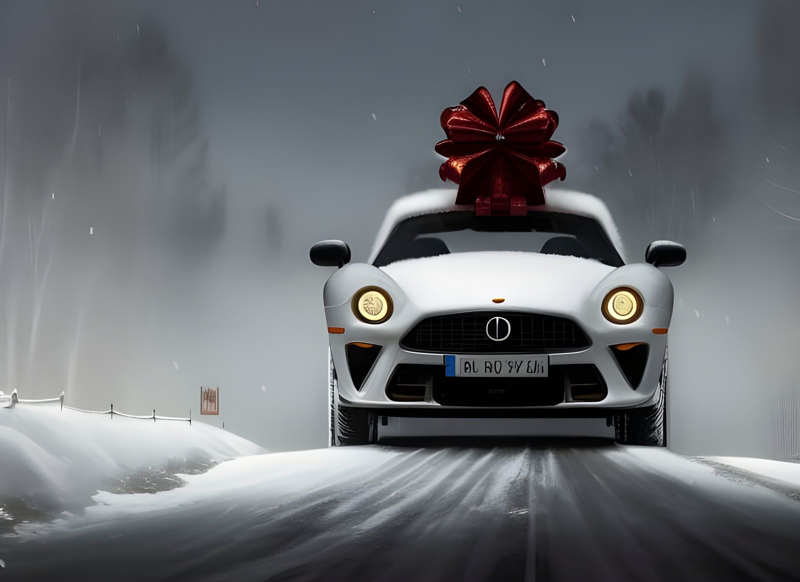 Christmas Sports Car with Gift Bow in Snow