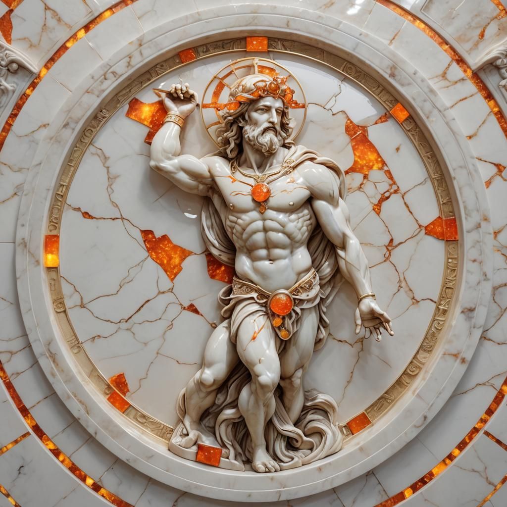Fire Opal Atlas Statue Inlaid in Marble
