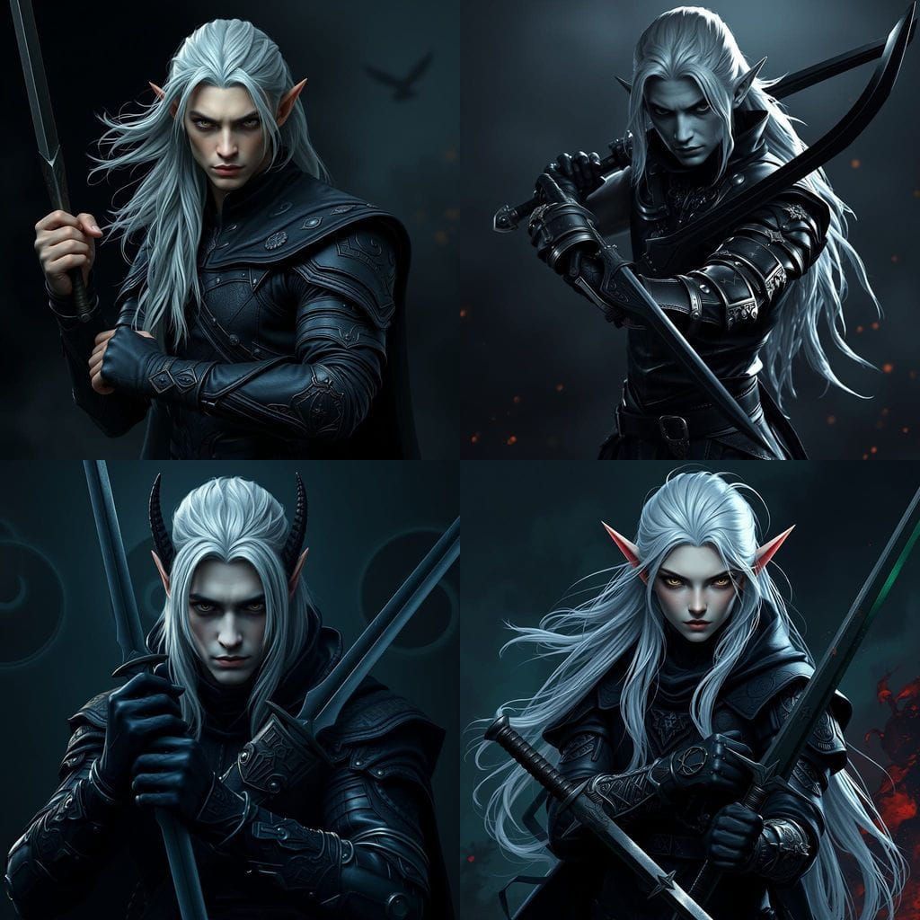 Dark Elf Assassin in Sleek Black Armor, Radiant in Shadowy L...