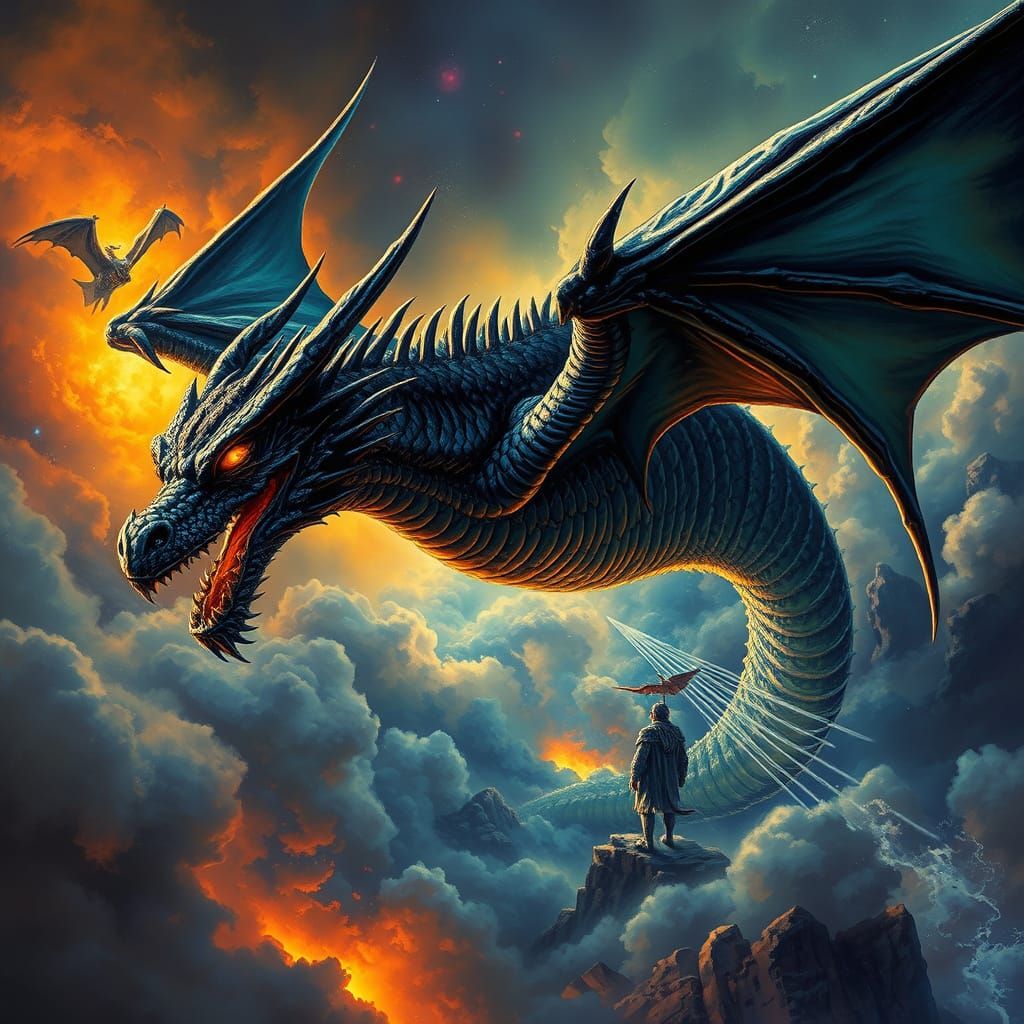 Majestic Dragon Soaring Through Nebula Sky