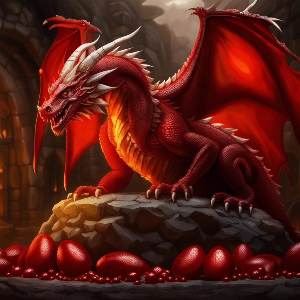 Red Welsh Dragon Guarding Eggs: Hyper-Realistic 8K Art