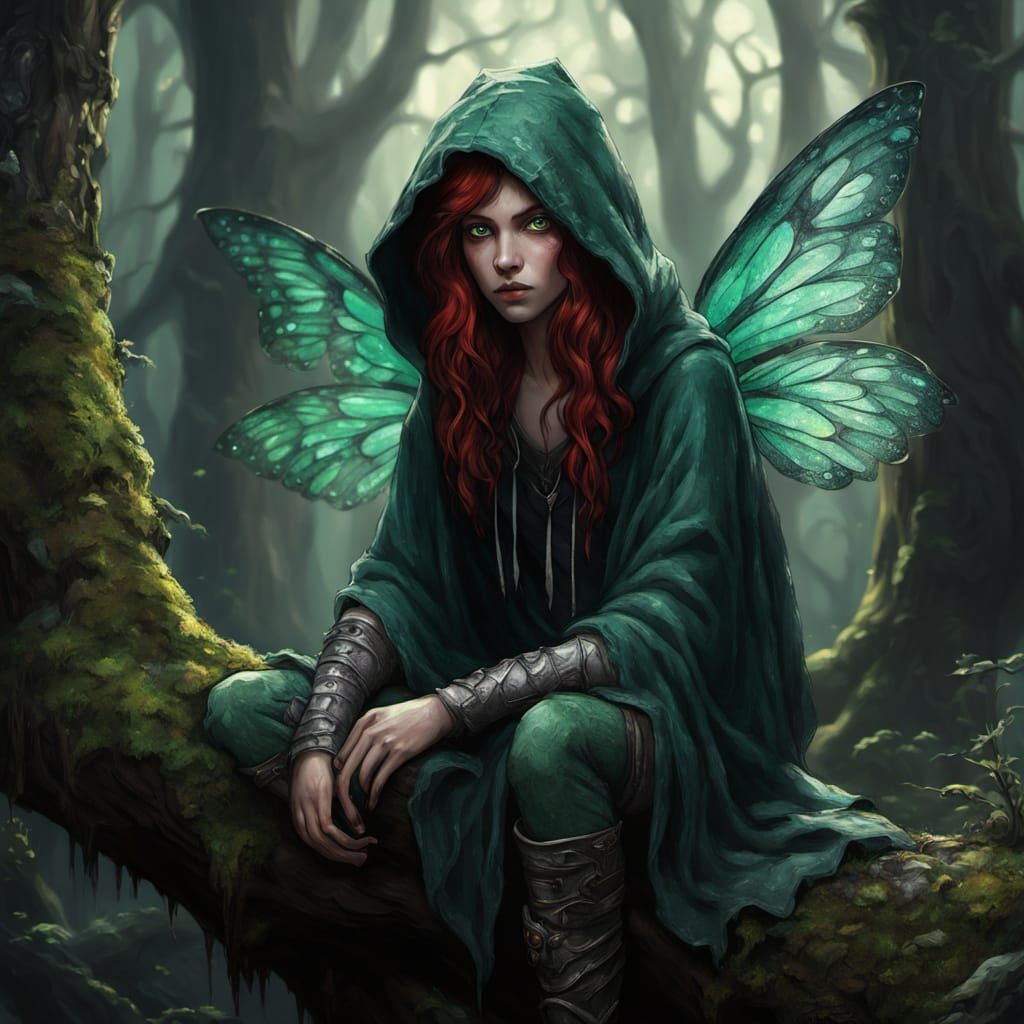 Mysterious Fairy on Ancient Tree Trunk, Painterly Impasto St...