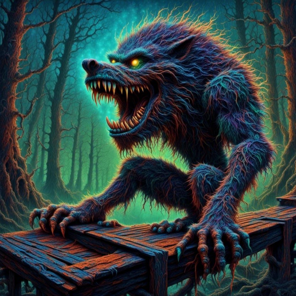 Emotive Werewolf Screaming on Bridge in Expressionist Style