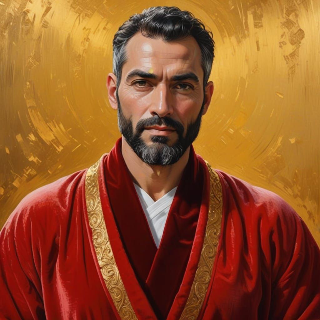 Elegant Bearded Man in Red Velvet Robe