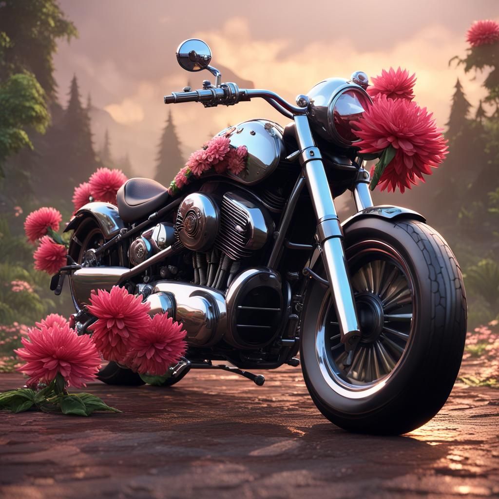 Motorcycle Guitar Flowers in 3D Game Style