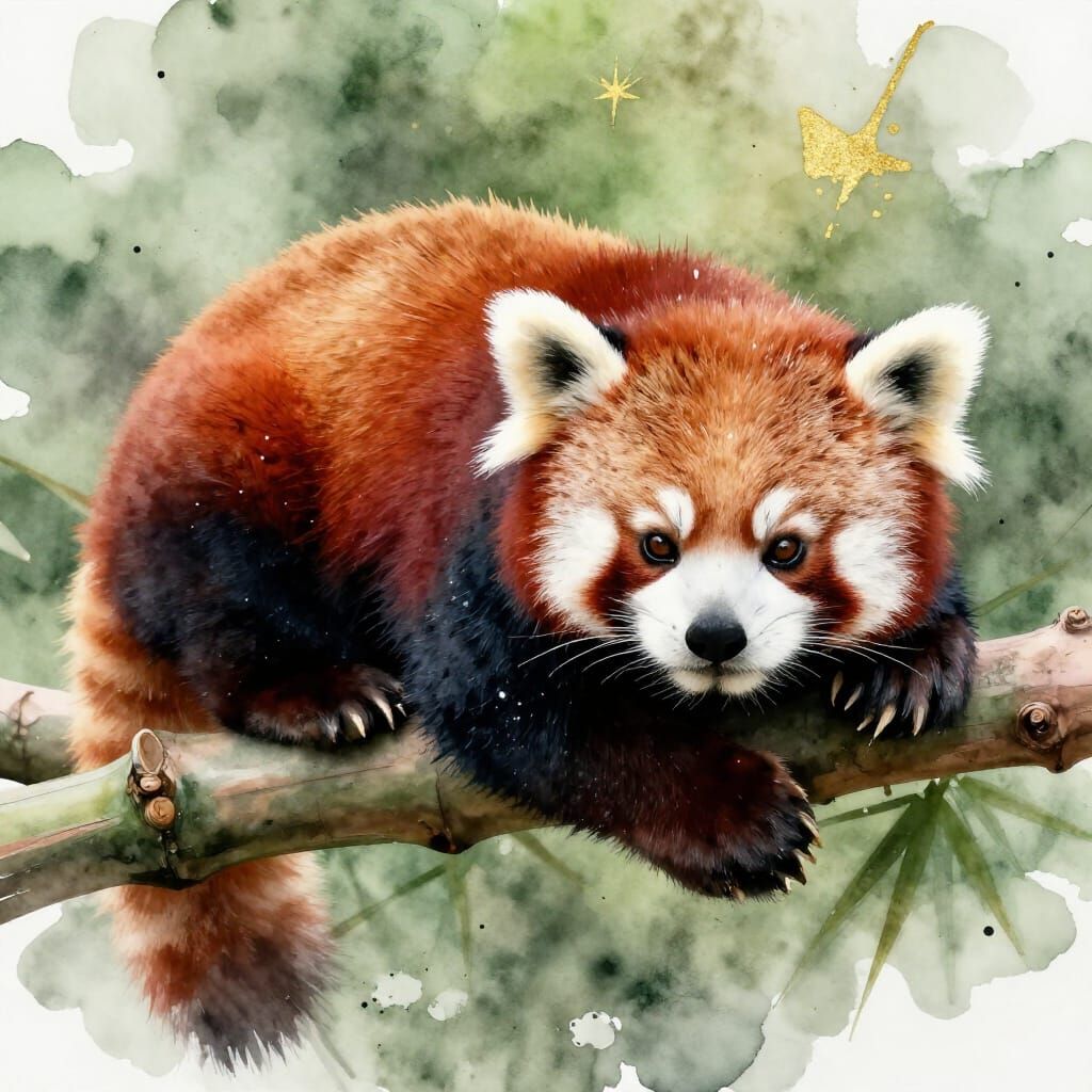 Fluffy Red Panda in Watercolor Splash Art Style