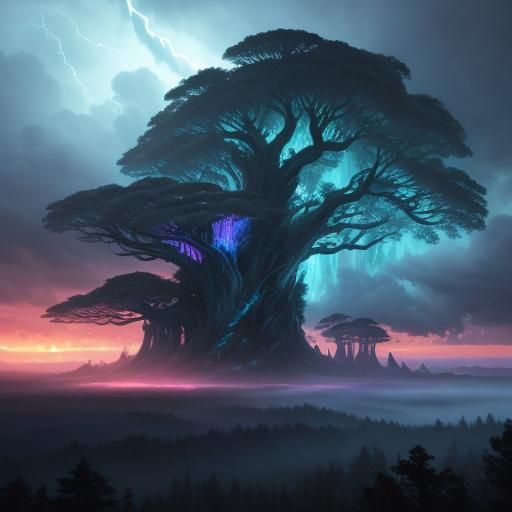 Stormy Tempest over Mystical Forest at Sunset