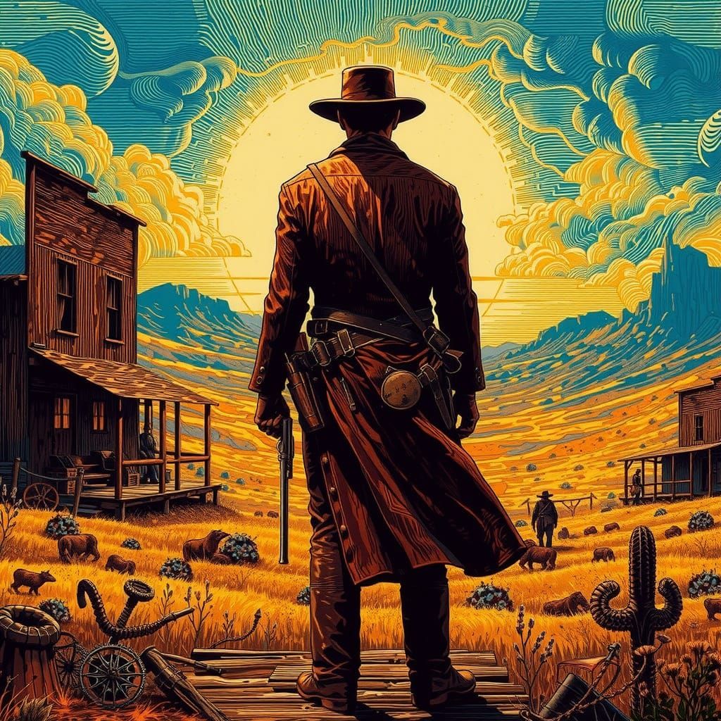 Cowboy Gunman in Surreal Western Landscape