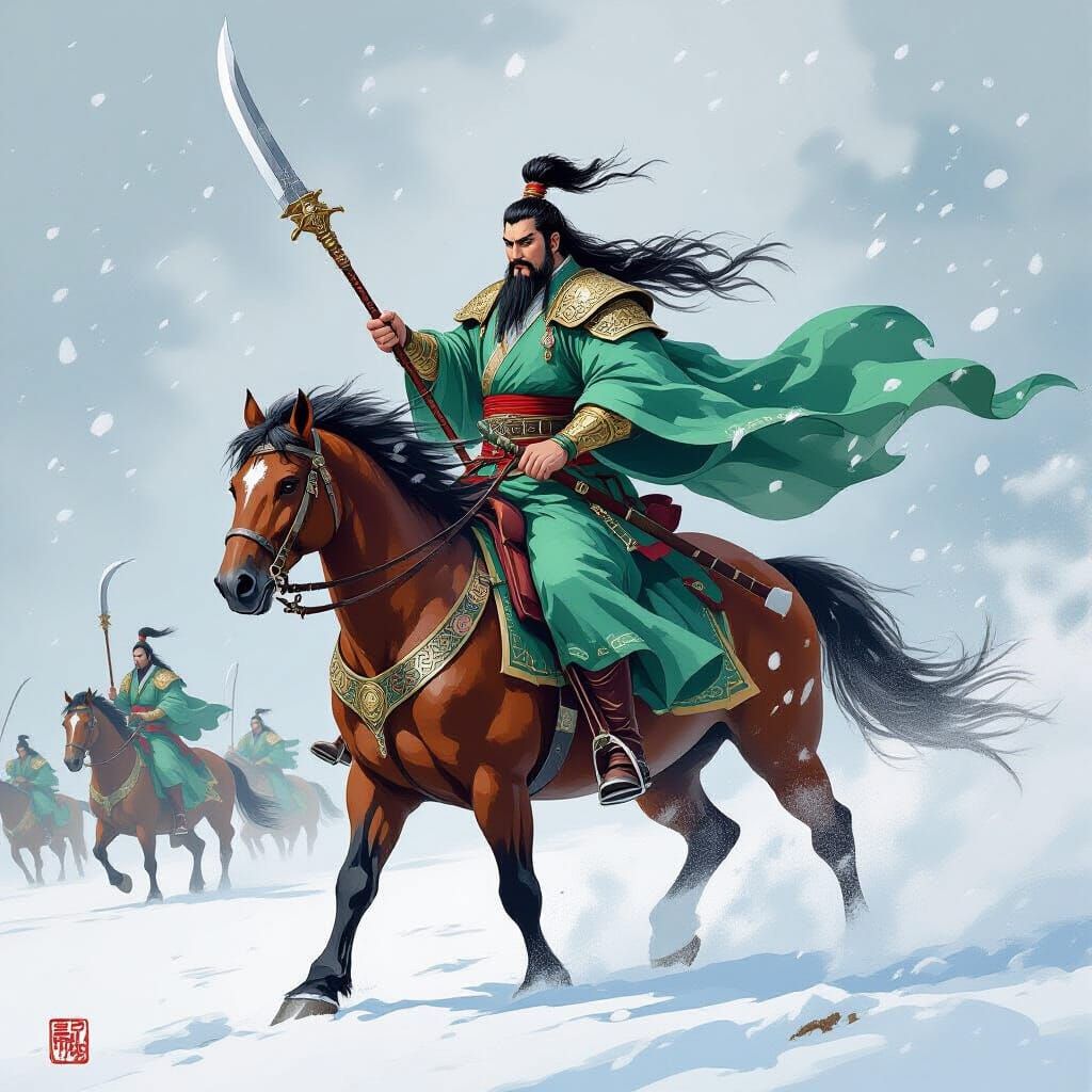 Guan Yu on Red Hare in Snowy Battle as Ink Wash Fantasy Art