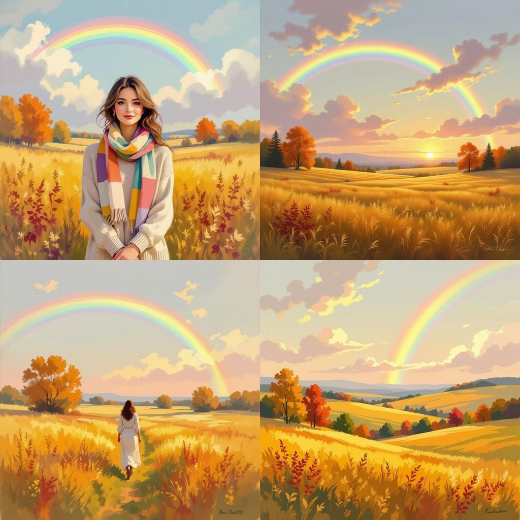 Autumnal Landscape with Rainbow in Pastel Hues