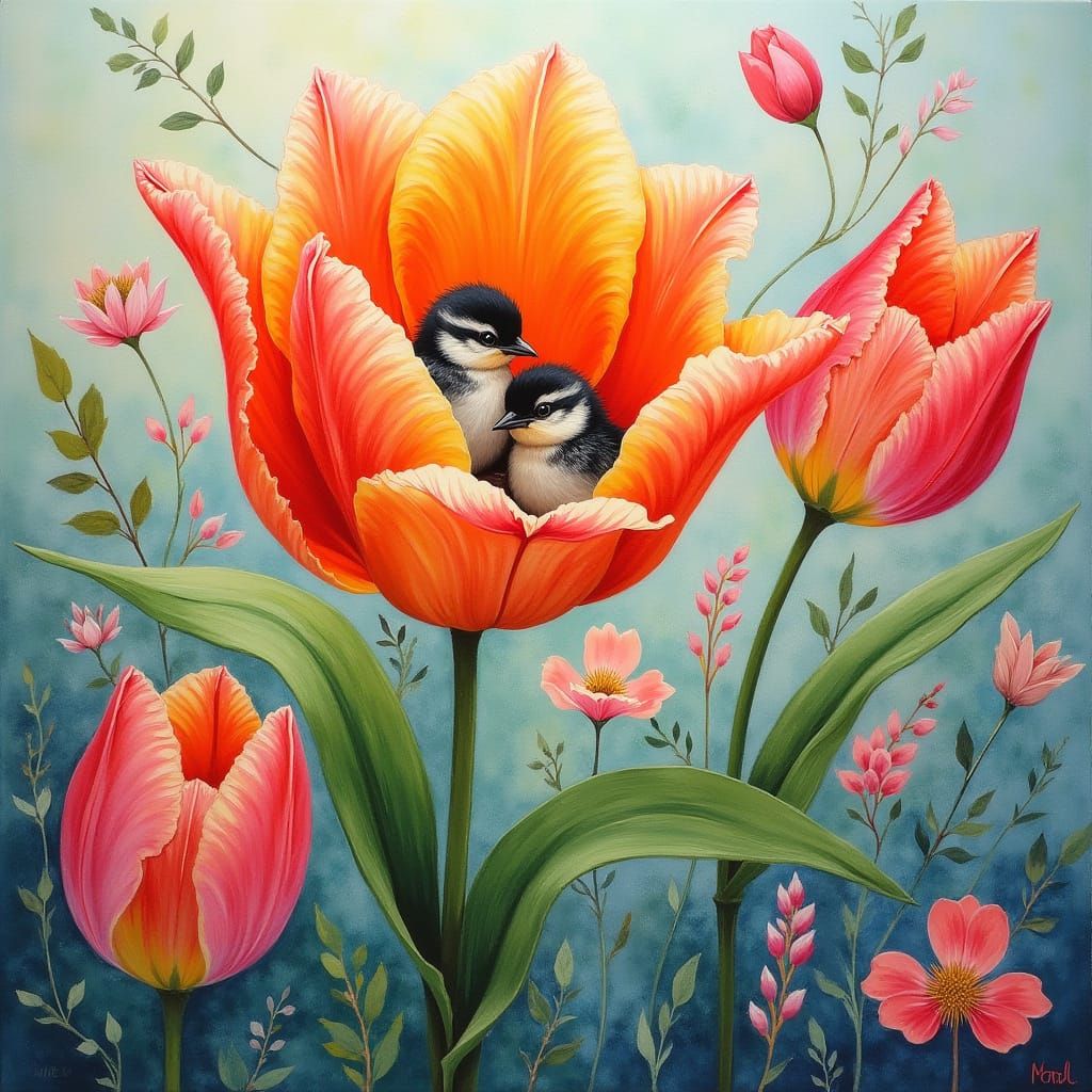 Tulip Sanctuary with Baby Birds in Impressionist Style
