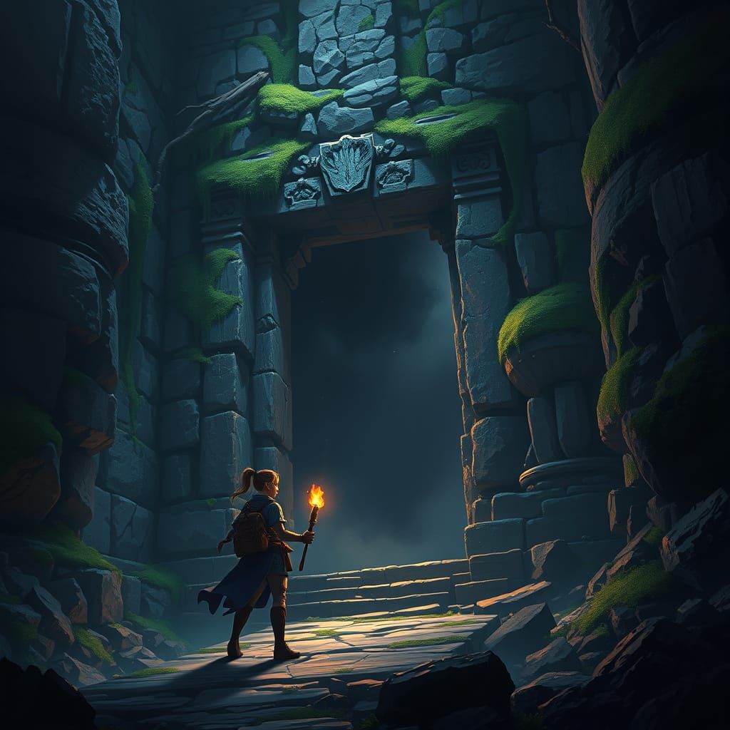 Ethereal Adventurer Stands Before Ancient Temple