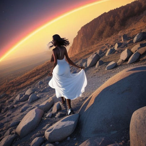 Hyperrealistic Woman Walking on a Rainbow