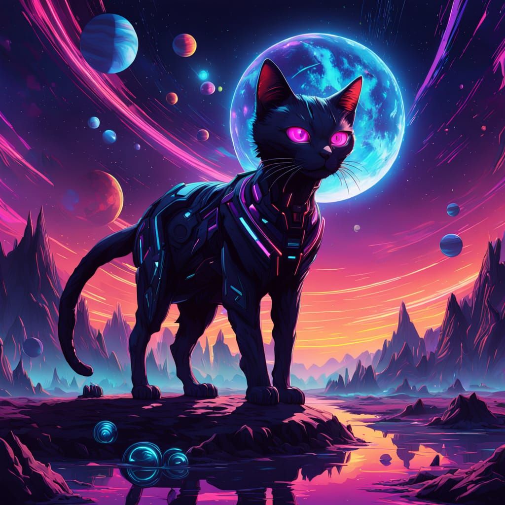 Futuristic Alien Feline Ascends in Cosmic Depths