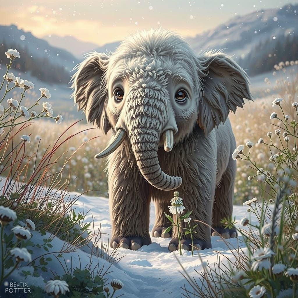 Whimsical Mammoth Cub in a Serene Winter Wonderland