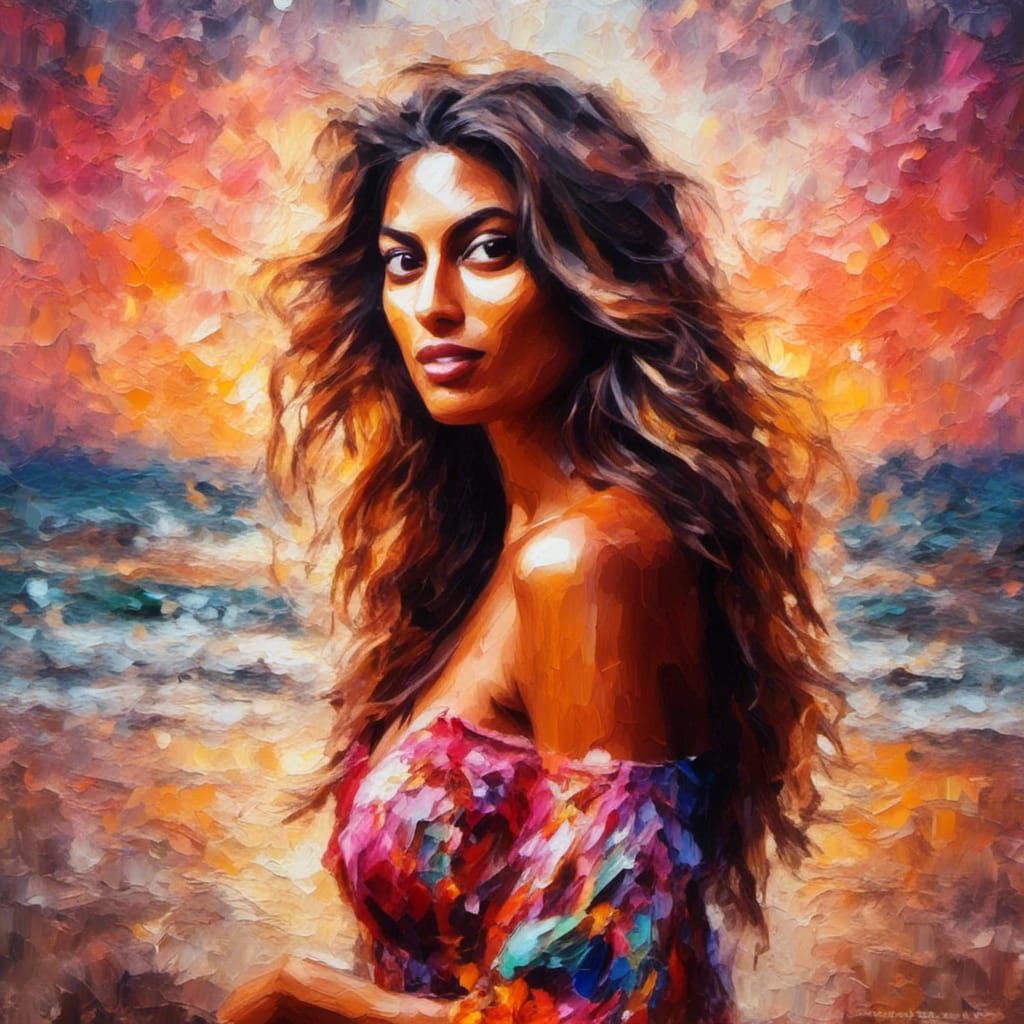Girl on Beach in Romantic Oil Painting Style