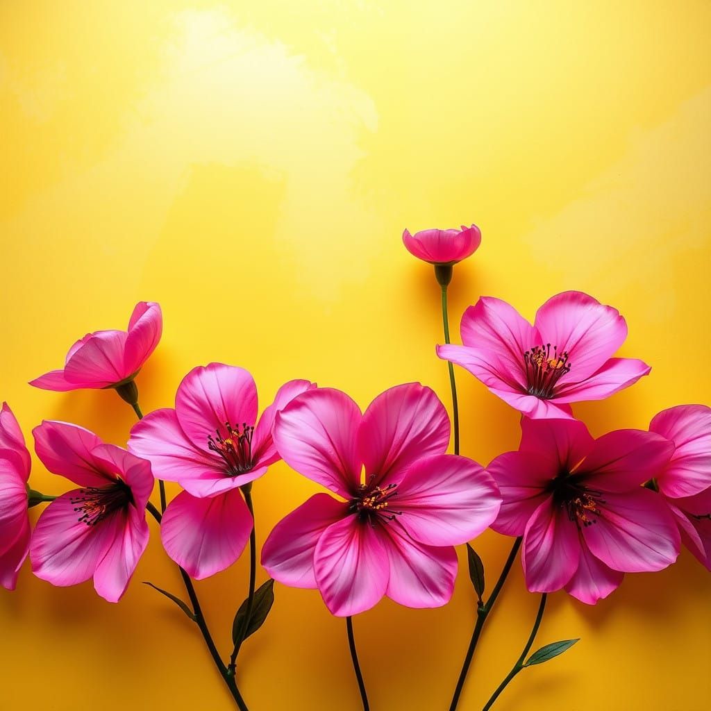 Vibrant Pink Flower Abstract Art on Yellow Background