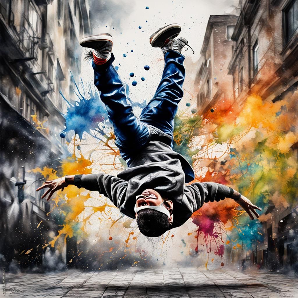 Breakdancer Performing: Watercolour Graffiti Art