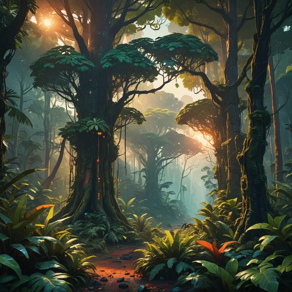 Lush Tropical Rainforest at Sunset in Fantasy Art Style
