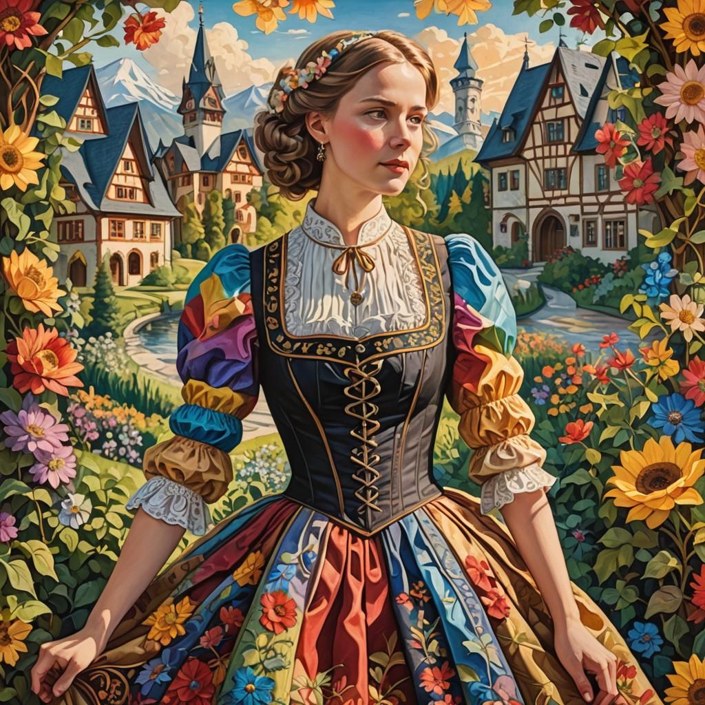 Rainbow Bavarian Dress with German Flowers