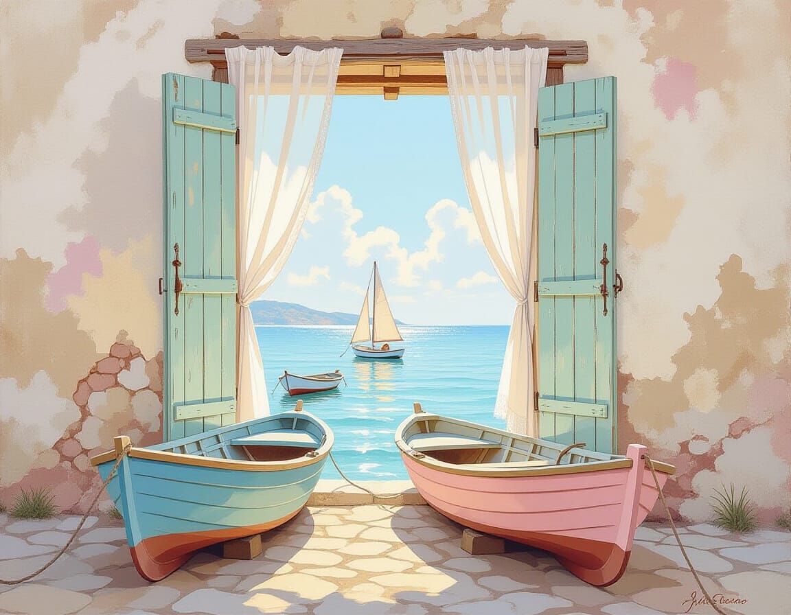 Shabby Chic Window Overlooking Pastel Boats