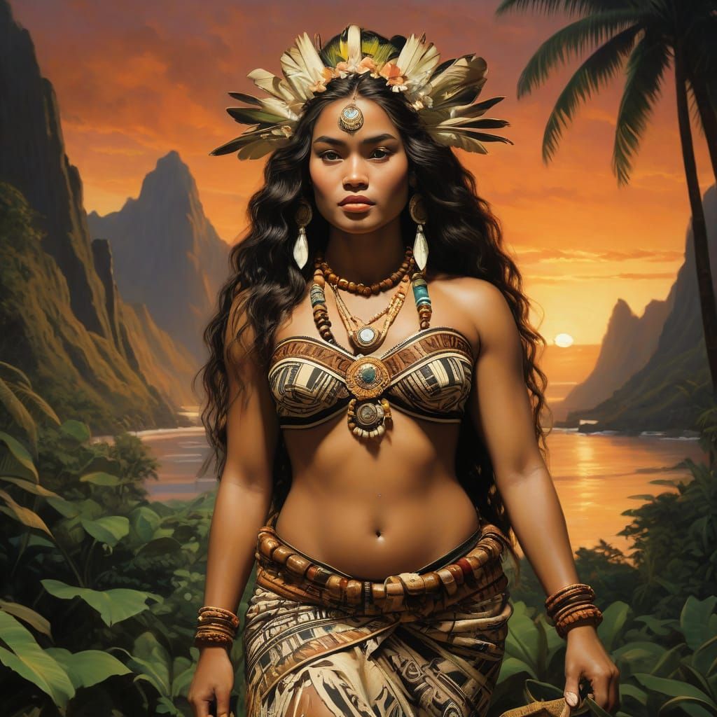 Samoan Maiden Radiates Elegance in Vibrant Polynesian Sunset