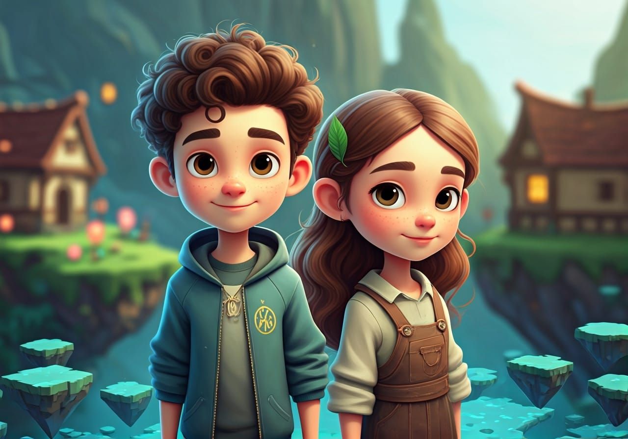 Pixar Style Siblings in Whimsical Digital World