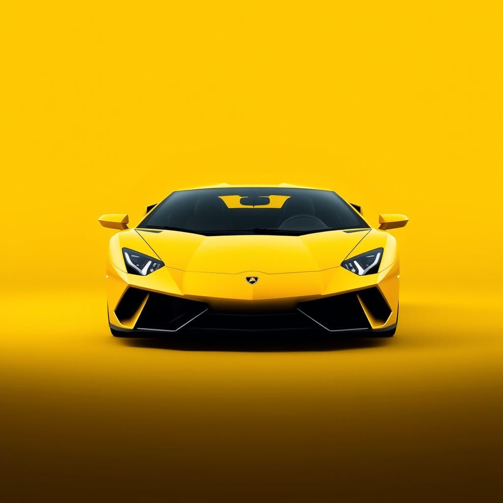 A sleek, high-quality image of a yellow Lamborghini sports car, positioned centrally and facing forward, set against a v...