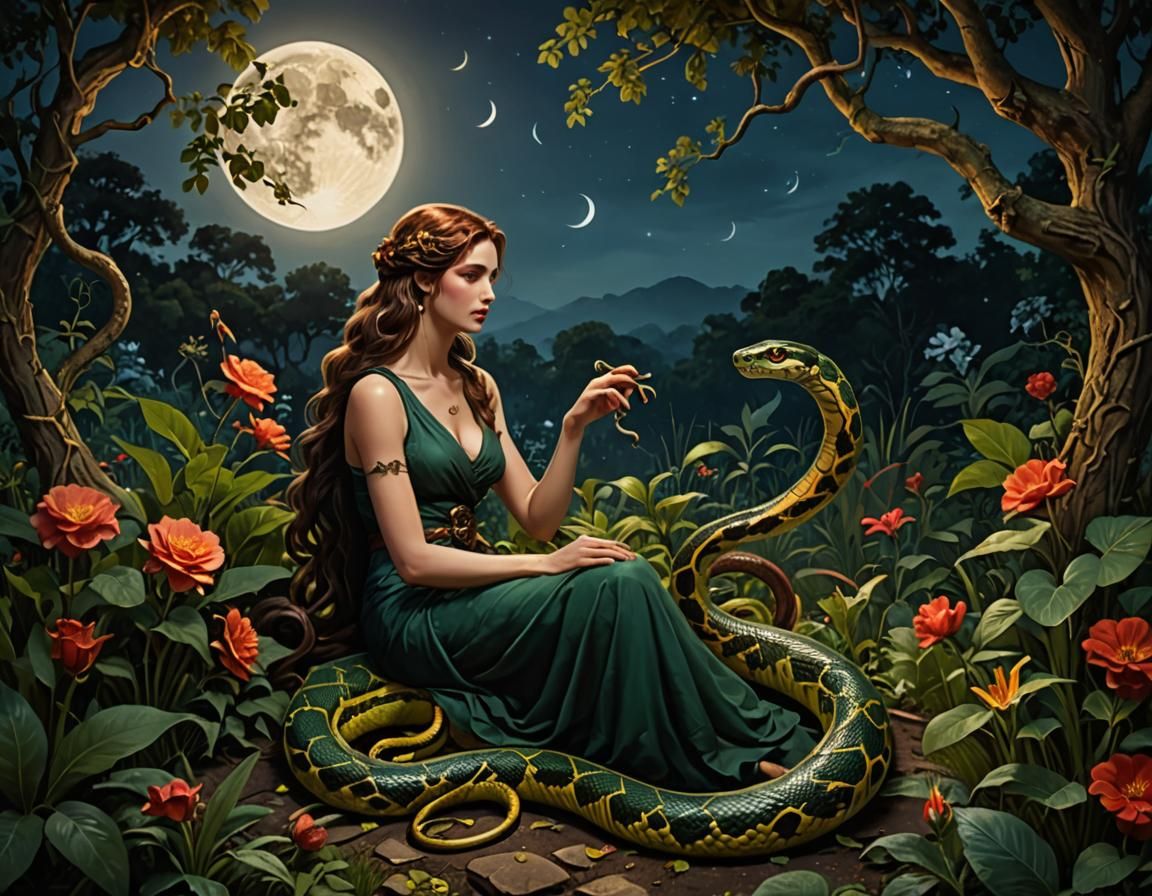 Serene Eden Scene: Snake and Lilith in Moonlight