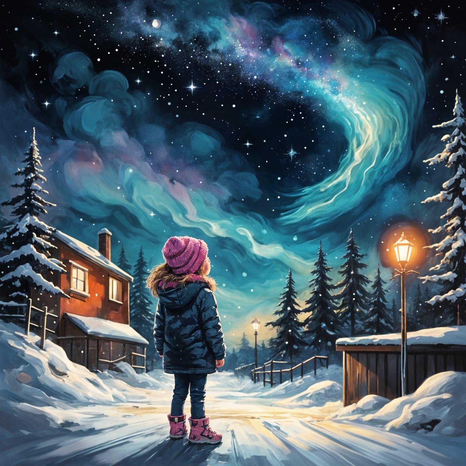Little Girl Under the Vibrant New Year's Eve Night Sky