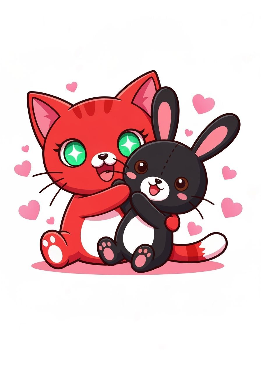 Chibi Cat Hugs Rabbit Plush in Vibrant Flat Art