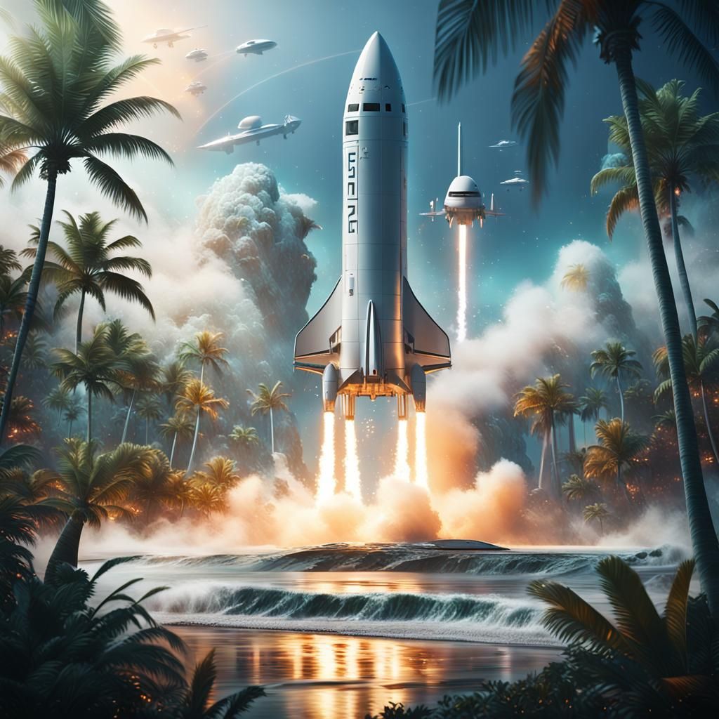 SpaceX Starship Landing on Tropical Island: Digital Art