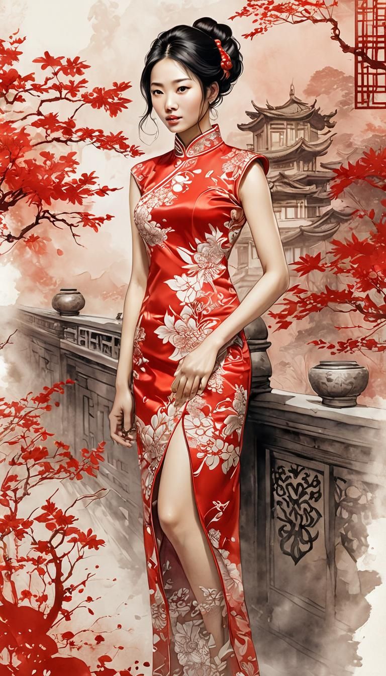 Chinese Woman in Red Cheongsam: 2D Comic Art