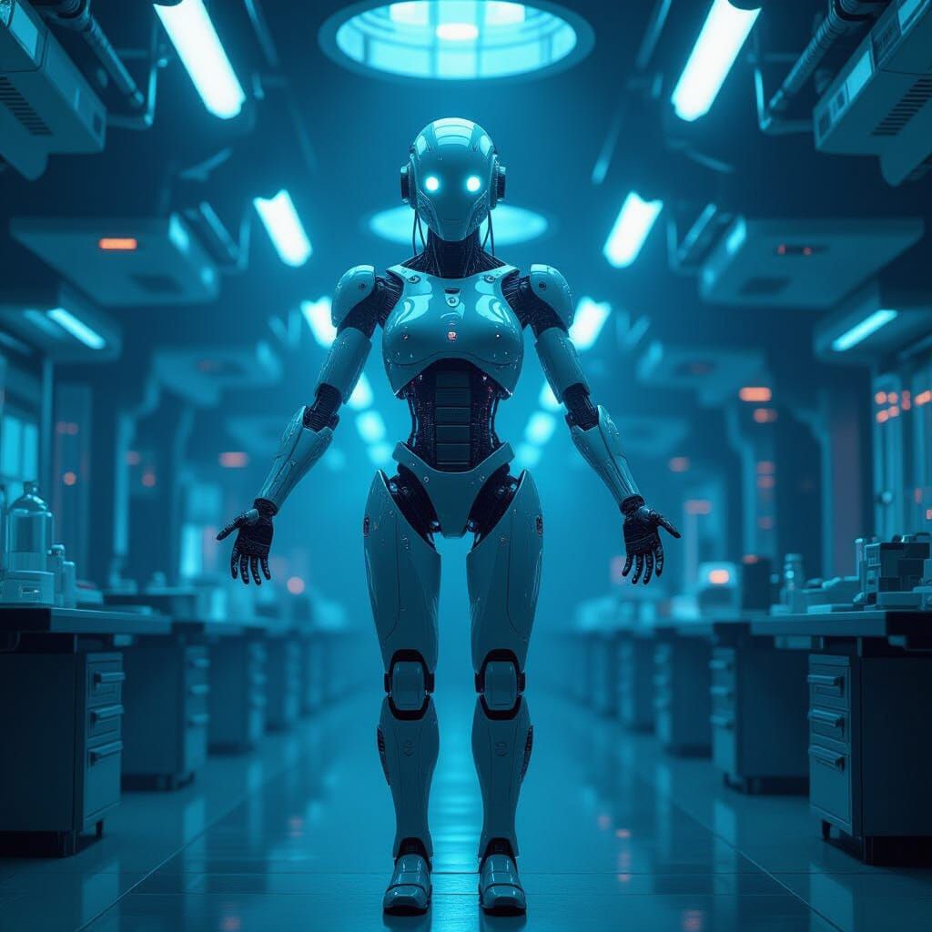 Bioluminescent Cybernetic Organism in Surreal Lab