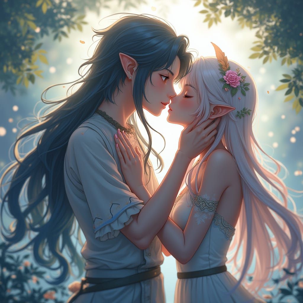 Elf Boys Kiss in Ethereal Anime Style