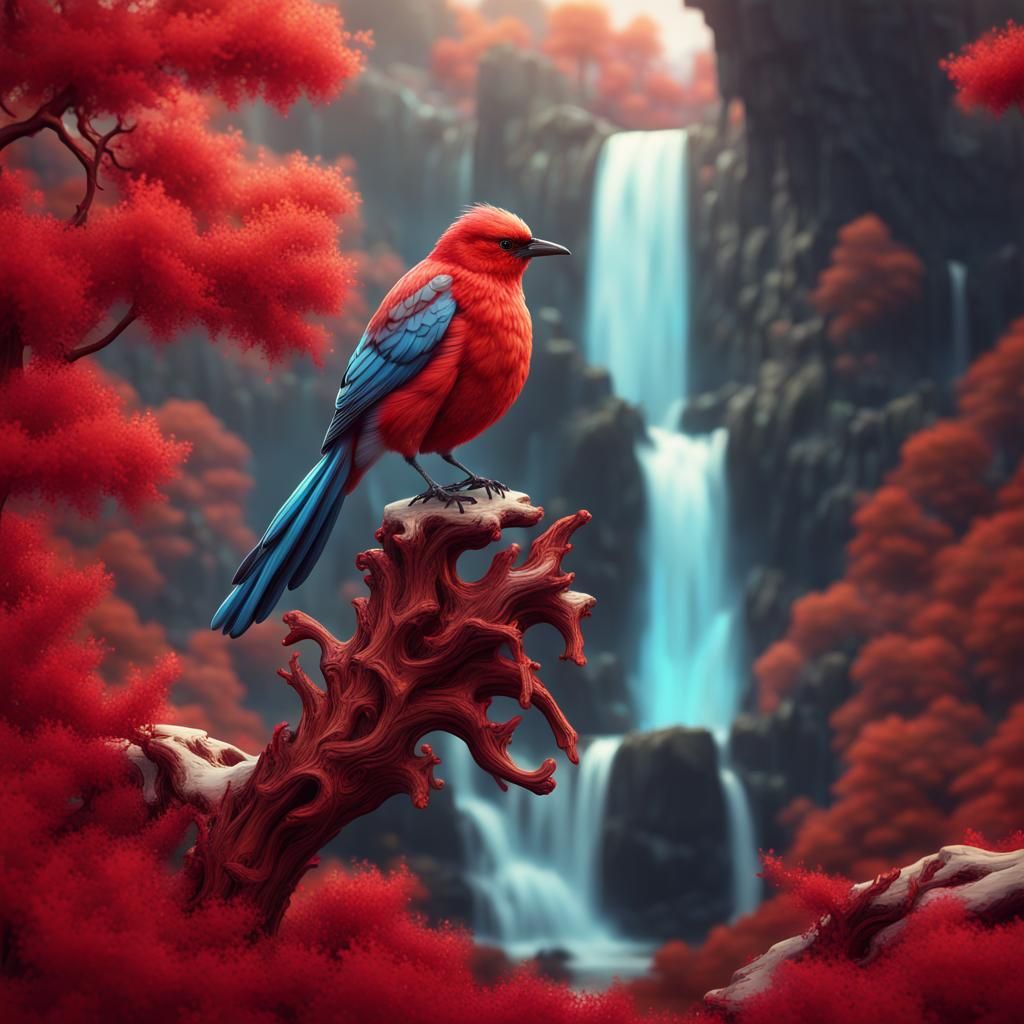 Crystallized Bird on Red Tree: Fantasy Art
