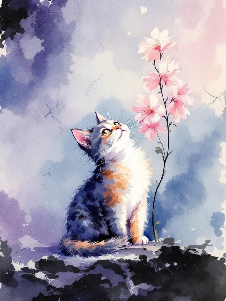 Cat Under Flower in Atmospheric Watercolor Style