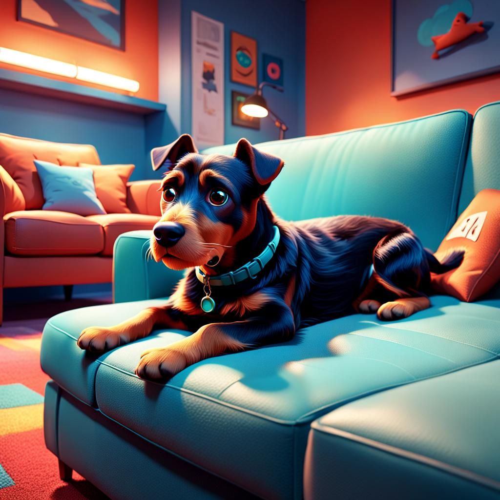 Cozy Scotty Dog on Couch, Pixar-style 3D Art